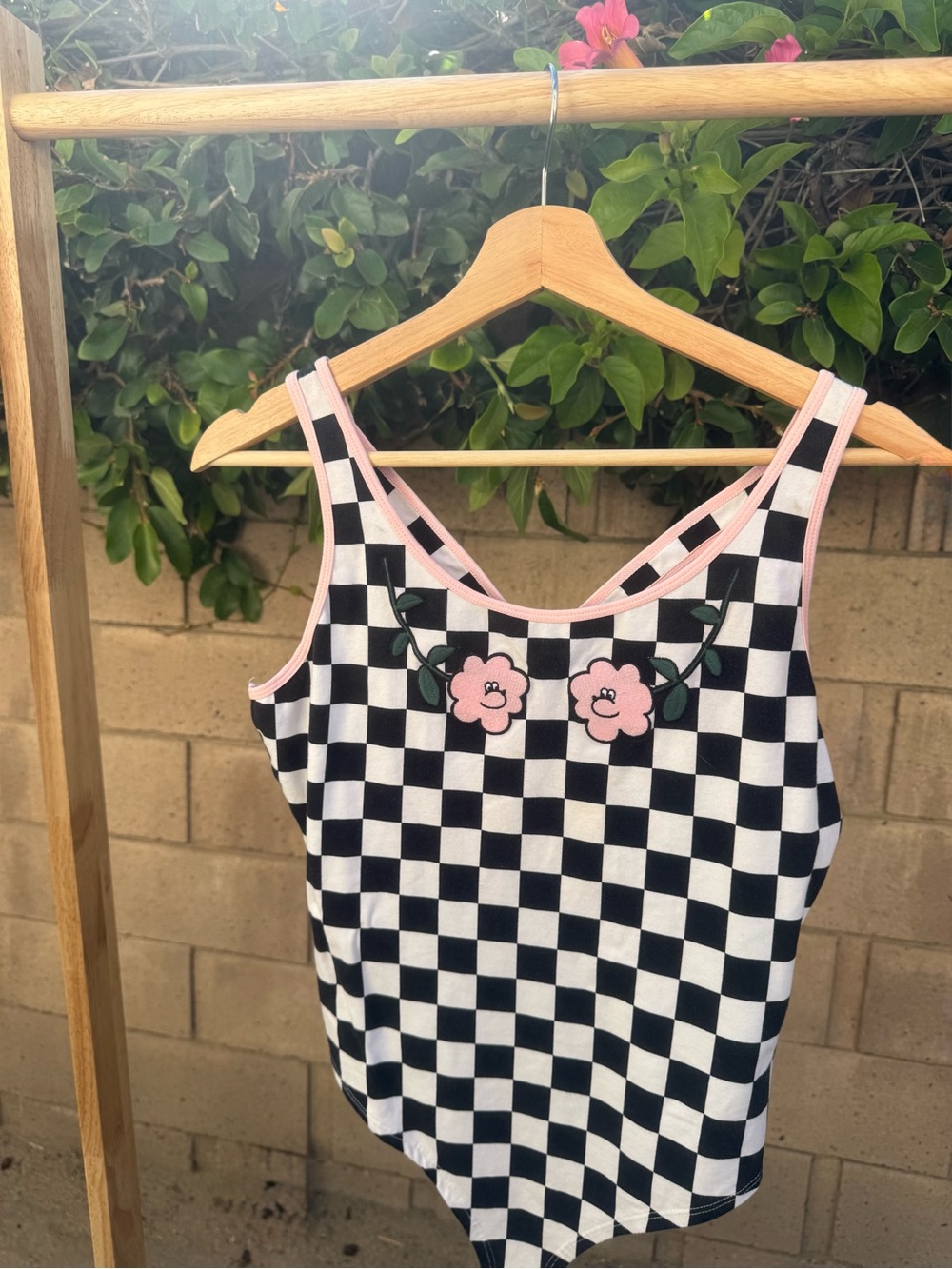 Vans Black & White Checkered Floral Applique Bodysuit with Pink Trim